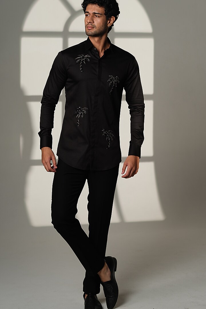 Black Stretchable Cotton Hand Embroidered Party Wear Shirt by SANJANA REDDY MEN at Pernia's Pop Up Shop