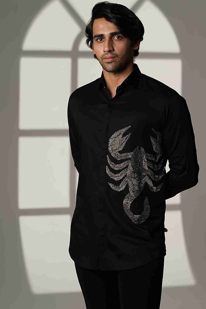 Black Stretchable Cotton Hand Embroidered Party Wear Shirt by SANJANA REDDY MEN at Pernia's Pop Up Shop
