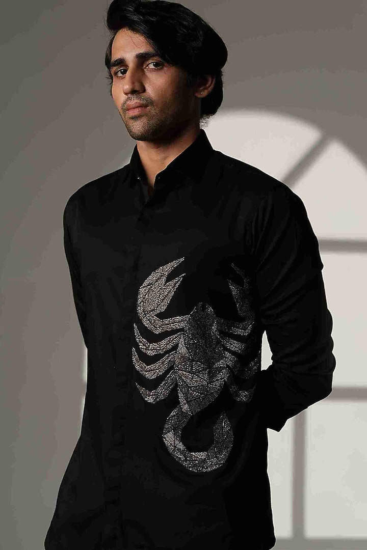 Black Stretchable Cotton Hand Embroidered Party Wear Shirt by SANJANA REDDY MEN at Pernia's Pop Up Shop