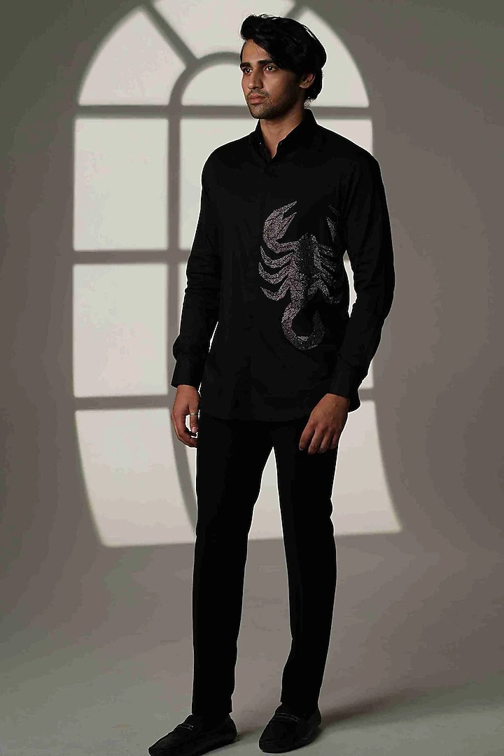 Black Stretchable Cotton Hand Embroidered Party Wear Shirt by SANJANA REDDY MEN at Pernia's Pop Up Shop