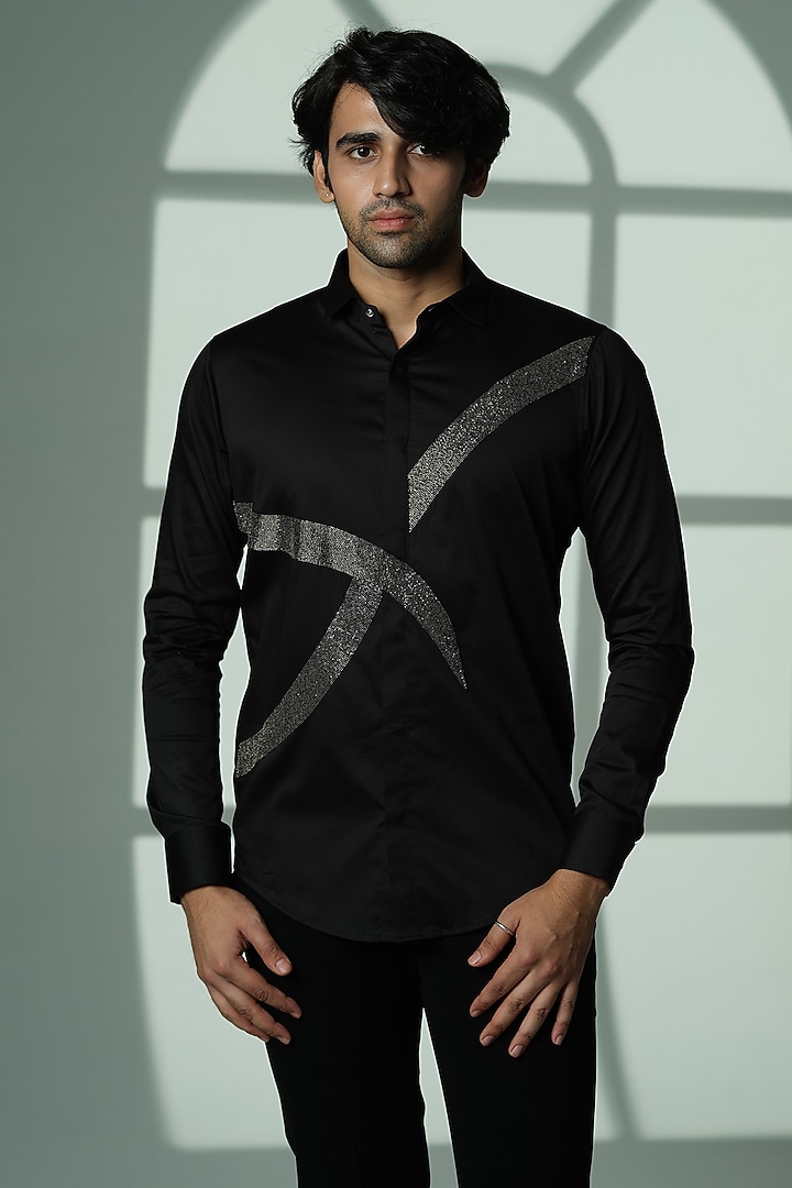 Black Stretchable Cotton Metal Hand Embroidered Party Wear Shirt by SANJANA REDDY MEN at Pernia's Pop Up Shop