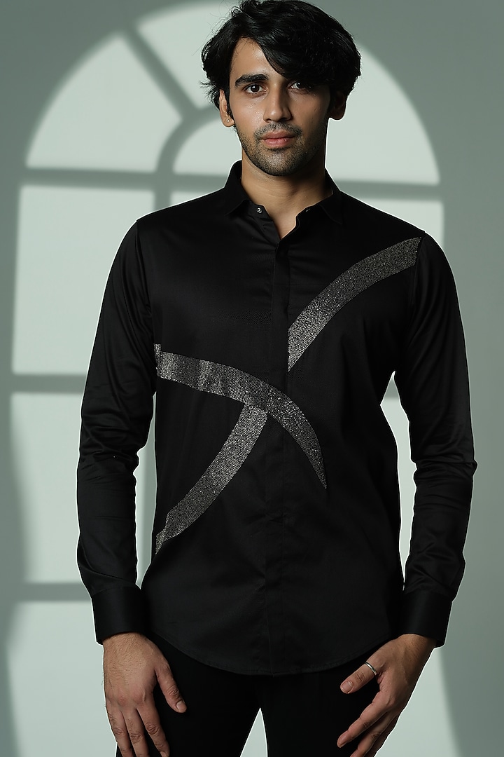 Black Stretchable Cotton Metal Hand Embroidered Party Wear Shirt by SANJANA REDDY MEN at Pernia's Pop Up Shop