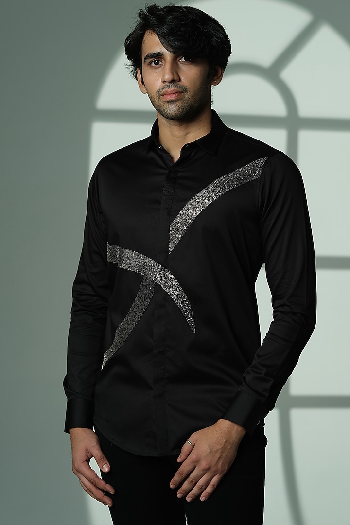 Black Stretchable Cotton Metal Hand Embroidered Party Wear Shirt by SANJANA REDDY MEN at Pernia's Pop Up Shop