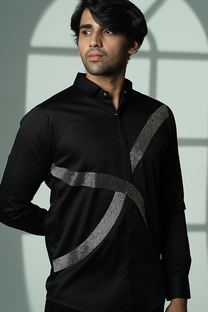 Black Stretchable Cotton Metal Hand Embroidered Party Wear Shirt by SANJANA REDDY MEN at Pernia's Pop Up Shop