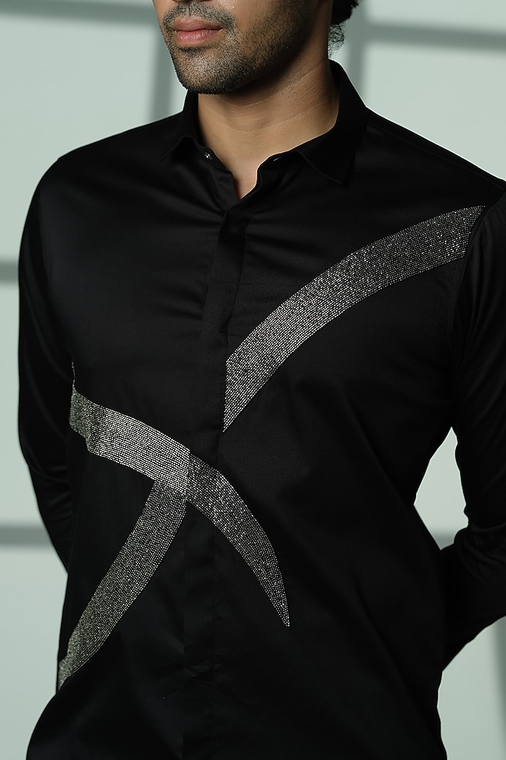 Black Stretchable Cotton Metal Hand Embroidered Party Wear Shirt by SANJANA REDDY MEN at Pernia's Pop Up Shop