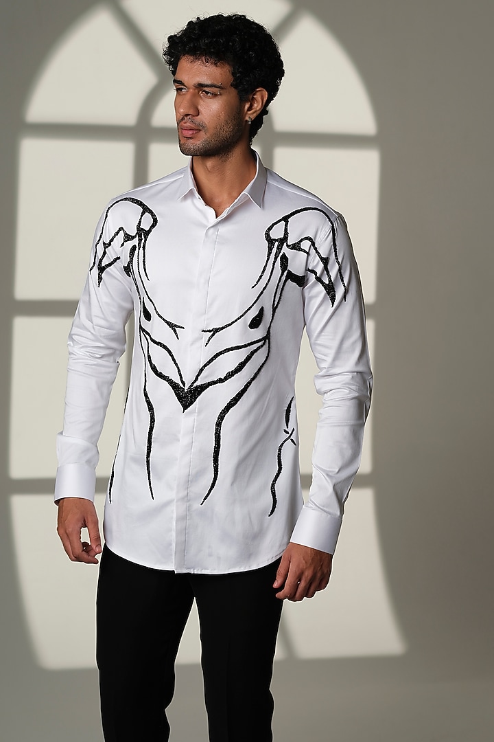 Ivory Stretchable Cotton Hand Embroidered Party Wear Shirt by SANJANA REDDY MEN at Pernia's Pop Up Shop