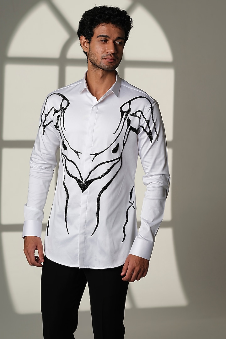 Ivory Stretchable Cotton Hand Embroidered Party Wear Shirt by SANJANA REDDY MEN at Pernia's Pop Up Shop