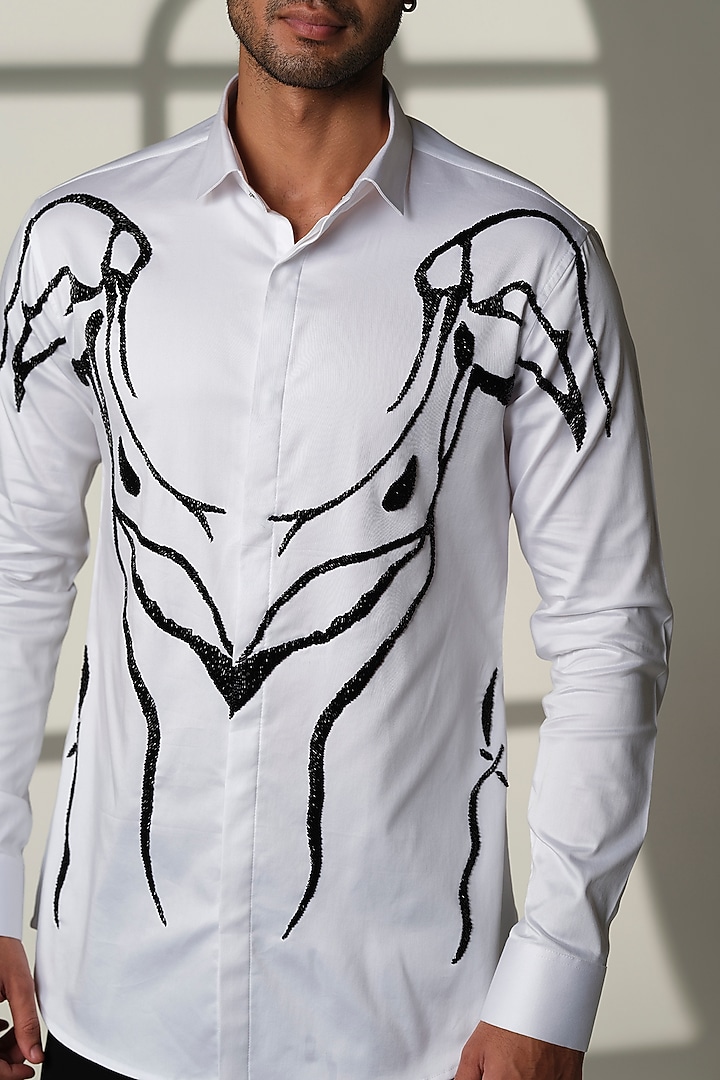 Ivory Stretchable Cotton Hand Embroidered Party Wear Shirt by SANJANA REDDY MEN at Pernia's Pop Up Shop