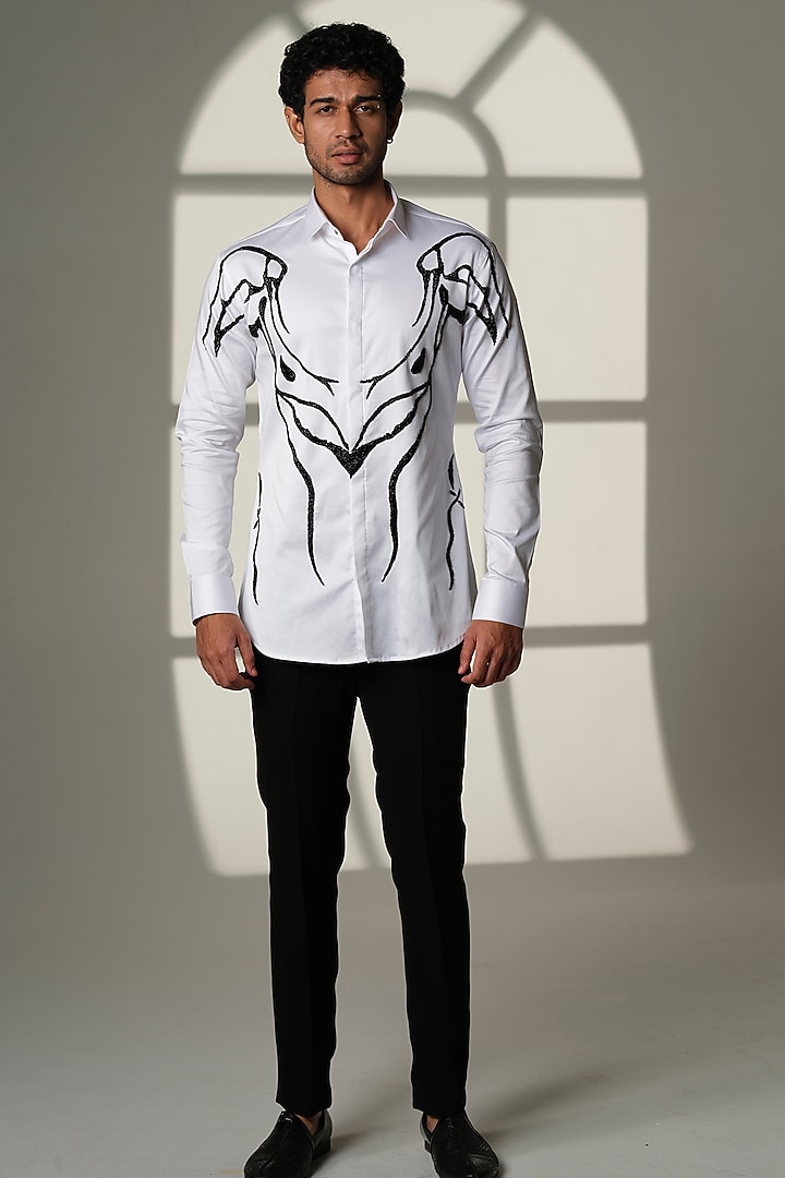 Ivory Stretchable Cotton Hand Embroidered Party Wear Shirt by SANJANA REDDY MEN at Pernia's Pop Up Shop