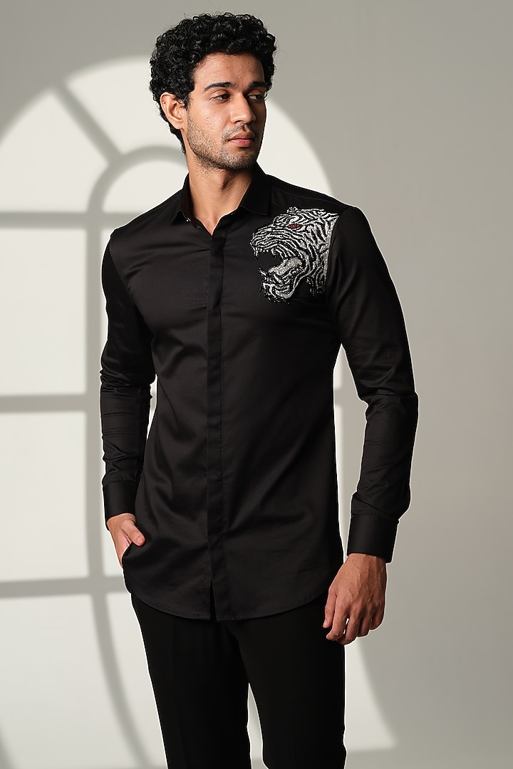 Black Stretchable Cotton Hand Embroidered Party Wear Shirt by SANJANA REDDY MEN at Pernia's Pop Up Shop