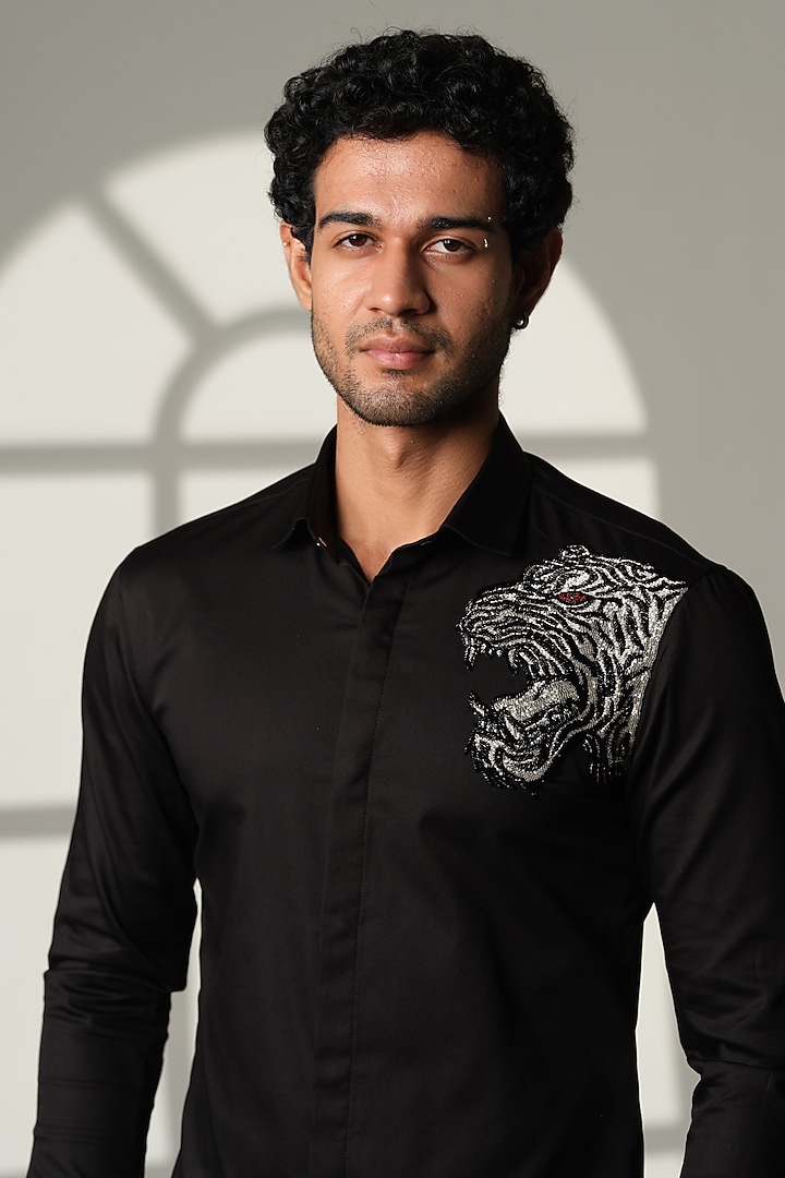 Black Stretchable Cotton Hand Embroidered Party Wear Shirt by SANJANA REDDY MEN at Pernia's Pop Up Shop