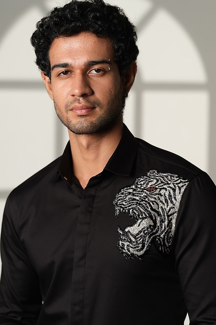 Black Stretchable Cotton Hand Embroidered Party Wear Shirt by SANJANA REDDY MEN at Pernia's Pop Up Shop