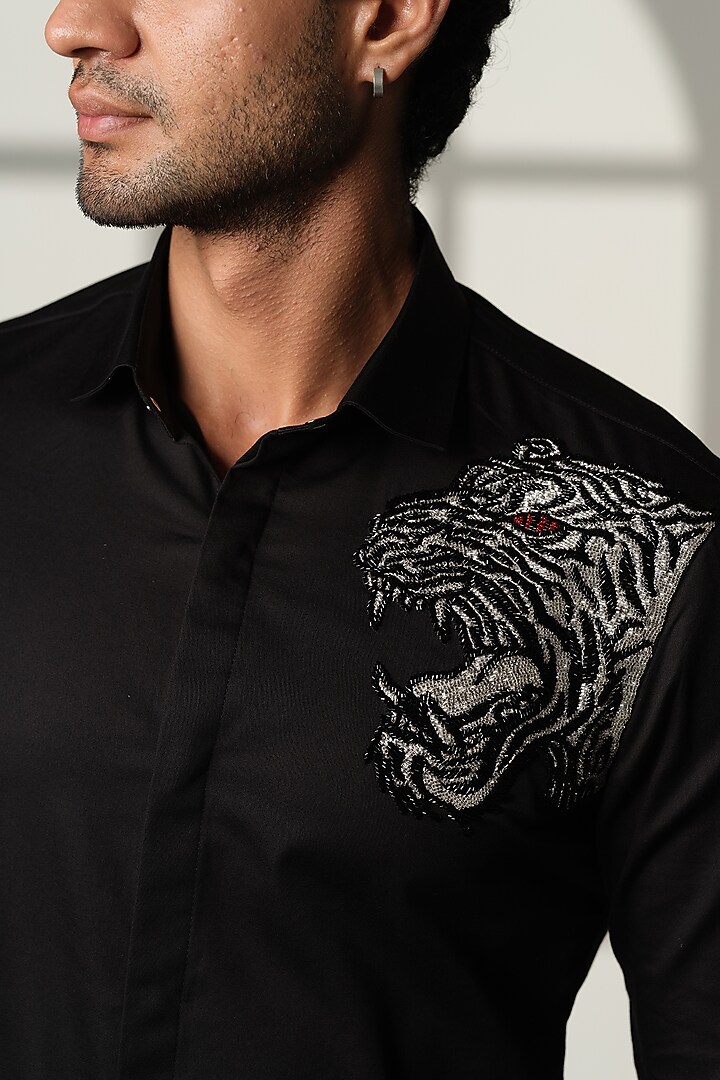 Black Stretchable Cotton Hand Embroidered Party Wear Shirt by SANJANA REDDY MEN at Pernia's Pop Up Shop