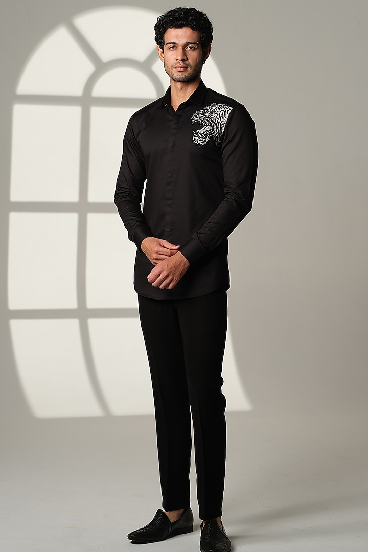 Black Stretchable Cotton Hand Embroidered Party Wear Shirt by SANJANA REDDY MEN at Pernia's Pop Up Shop