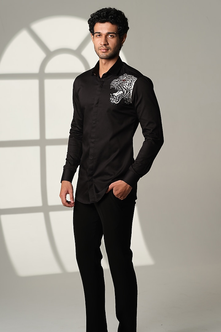 Black Stretchable Cotton Hand Embroidered Party Wear Shirt by SANJANA REDDY MEN at Pernia's Pop Up Shop