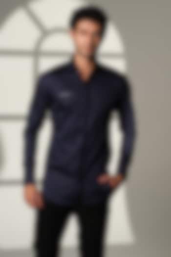 Navy Blue Stretchable Cotton Hand Embroidered Party Wear Shirt by SANJANA REDDY MEN at Pernia's Pop Up Shop
