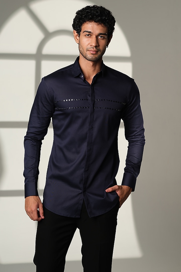 Navy Blue Stretchable Cotton Hand Embroidered Party Wear Shirt by SANJANA REDDY MEN at Pernia's Pop Up Shop