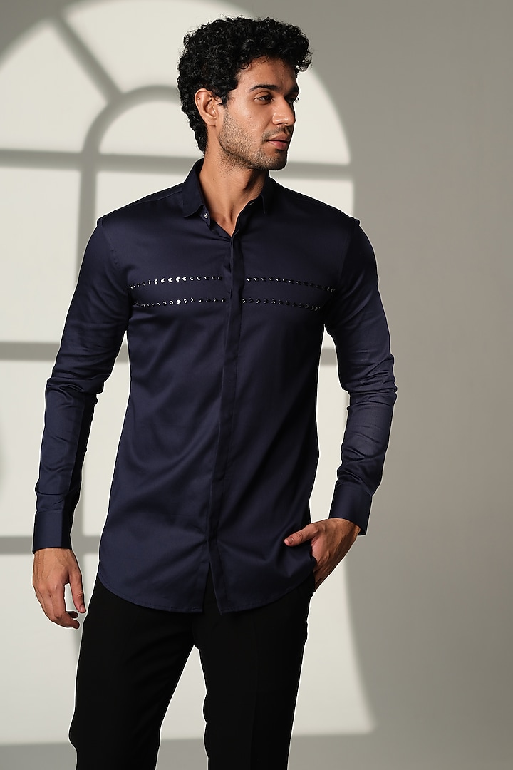 Navy Blue Stretchable Cotton Hand Embroidered Party Wear Shirt by SANJANA REDDY MEN at Pernia's Pop Up Shop