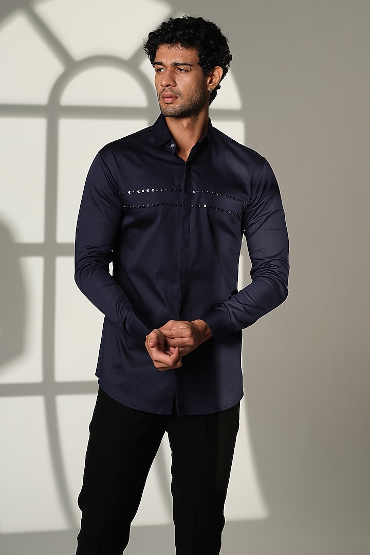 Navy Blue Stretchable Cotton Hand Embroidered Party Wear Shirt by SANJANA REDDY MEN at Pernia's Pop Up Shop