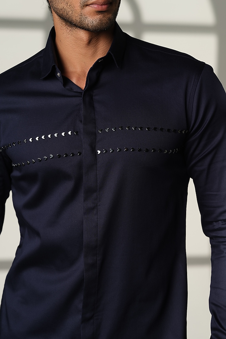 Navy Blue Stretchable Cotton Hand Embroidered Party Wear Shirt by SANJANA REDDY MEN at Pernia's Pop Up Shop