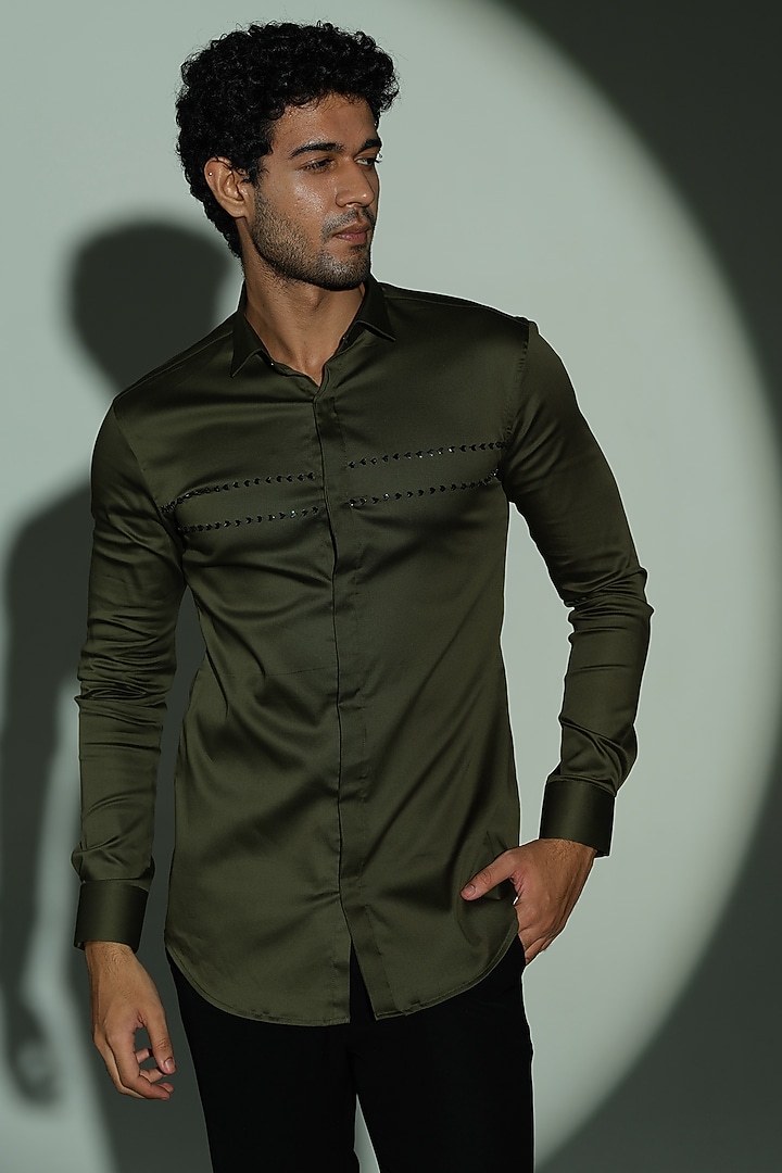 Navy Blue Stretchable Cotton Hand Embroidered Party Wear Shirt by SANJANA REDDY MEN at Pernia's Pop Up Shop