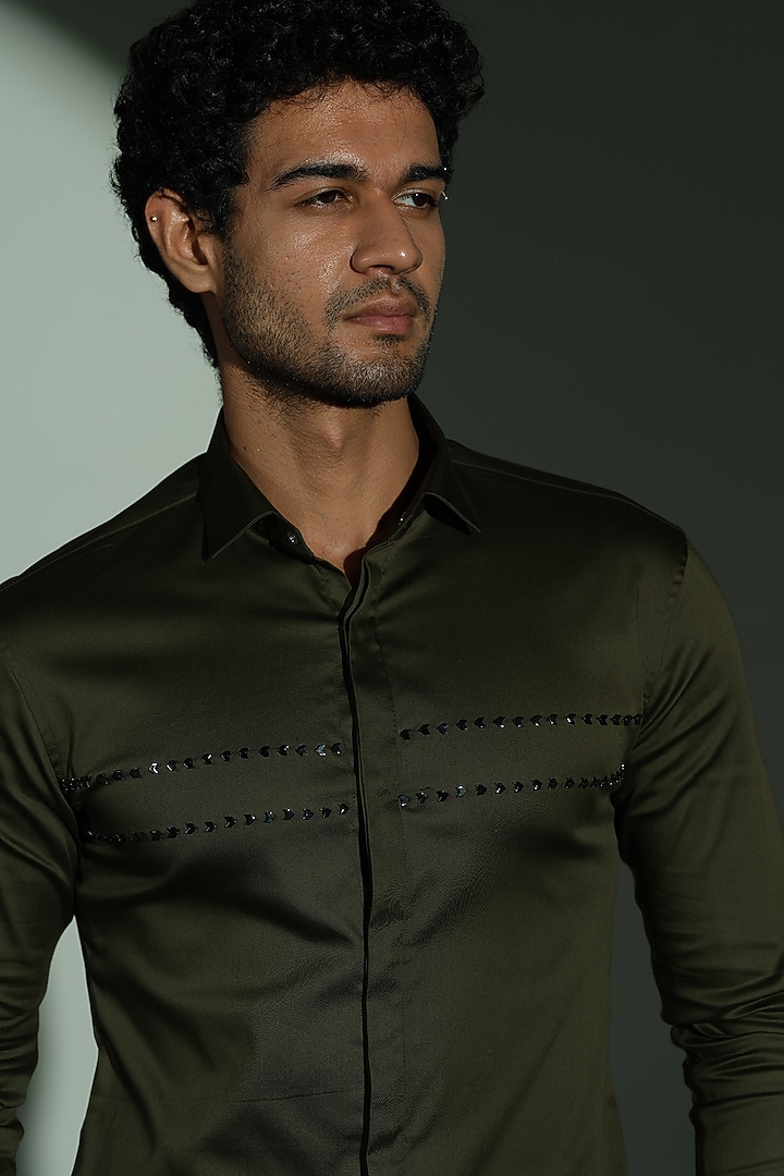 Navy Blue Stretchable Cotton Hand Embroidered Party Wear Shirt by SANJANA REDDY MEN at Pernia's Pop Up Shop