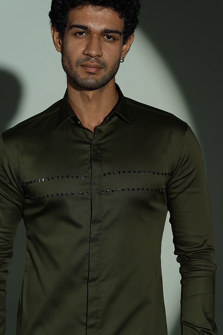 Navy Blue Stretchable Cotton Hand Embroidered Party Wear Shirt by SANJANA REDDY MEN at Pernia's Pop Up Shop