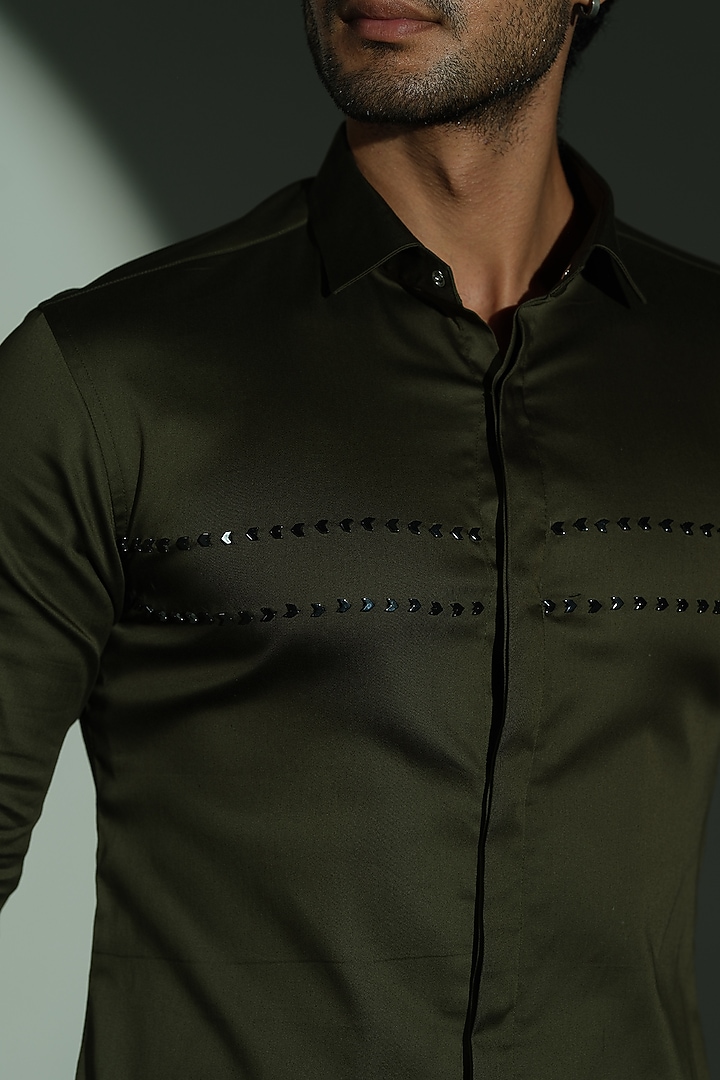 Navy Blue Stretchable Cotton Hand Embroidered Party Wear Shirt by SANJANA REDDY MEN at Pernia's Pop Up Shop