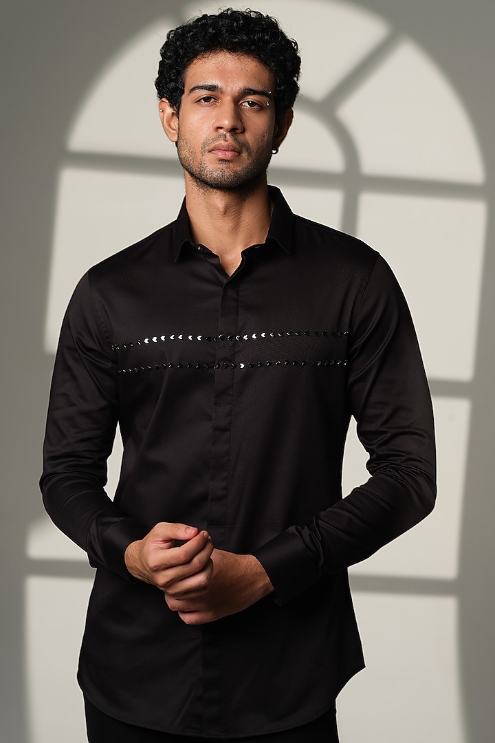 White Stretchable Cotton Hand Embroidered Party Wear Shirt by SANJANA REDDY MEN at Pernia's Pop Up Shop