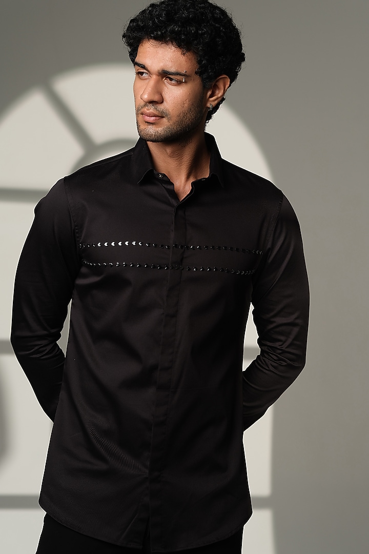 White Stretchable Cotton Hand Embroidered Party Wear Shirt by SANJANA REDDY MEN at Pernia's Pop Up Shop