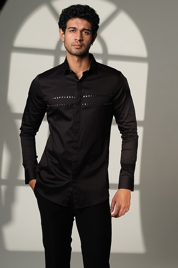 White Stretchable Cotton Hand Embroidered Party Wear Shirt by SANJANA REDDY MEN at Pernia's Pop Up Shop