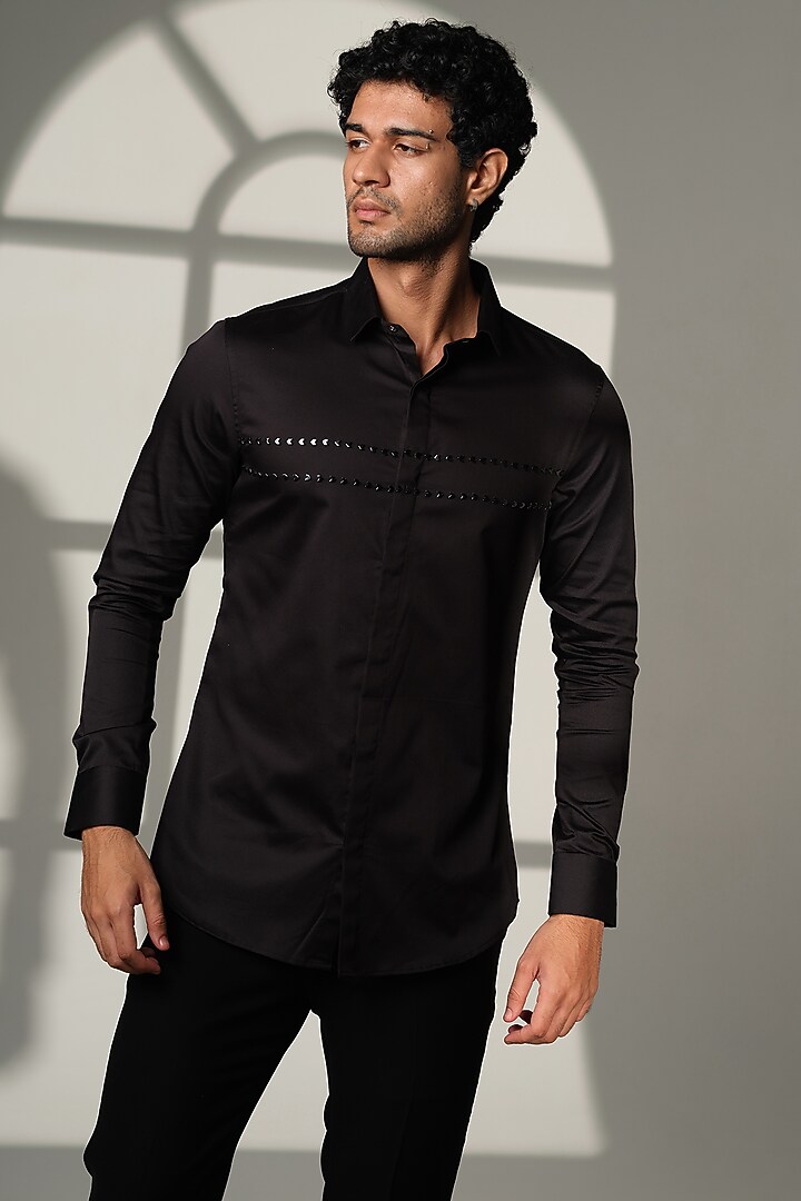 White Stretchable Cotton Hand Embroidered Party Wear Shirt by SANJANA REDDY MEN at Pernia's Pop Up Shop