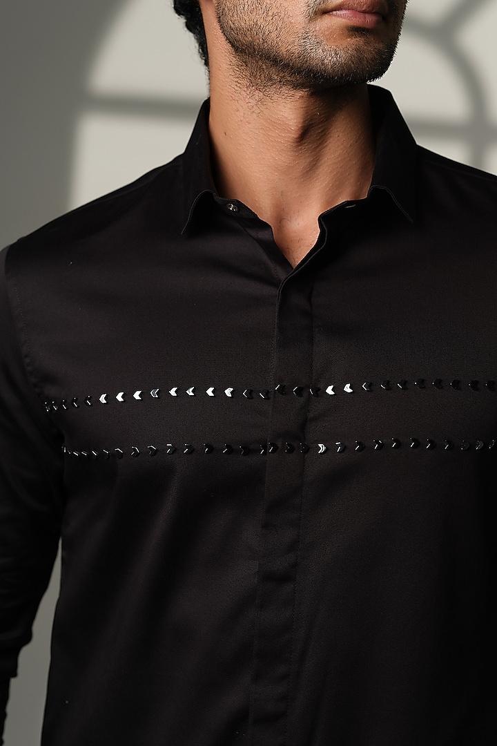 White Stretchable Cotton Hand Embroidered Party Wear Shirt by SANJANA REDDY MEN at Pernia's Pop Up Shop