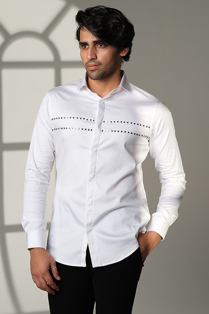 Black Stretchable Cotton Hand Embroidered Party Wear Shirt by SANJANA REDDY MEN at Pernia's Pop Up Shop