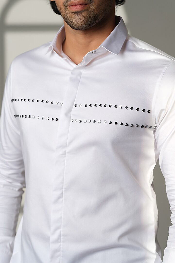 Black Stretchable Cotton Hand Embroidered Party Wear Shirt by SANJANA REDDY MEN at Pernia's Pop Up Shop