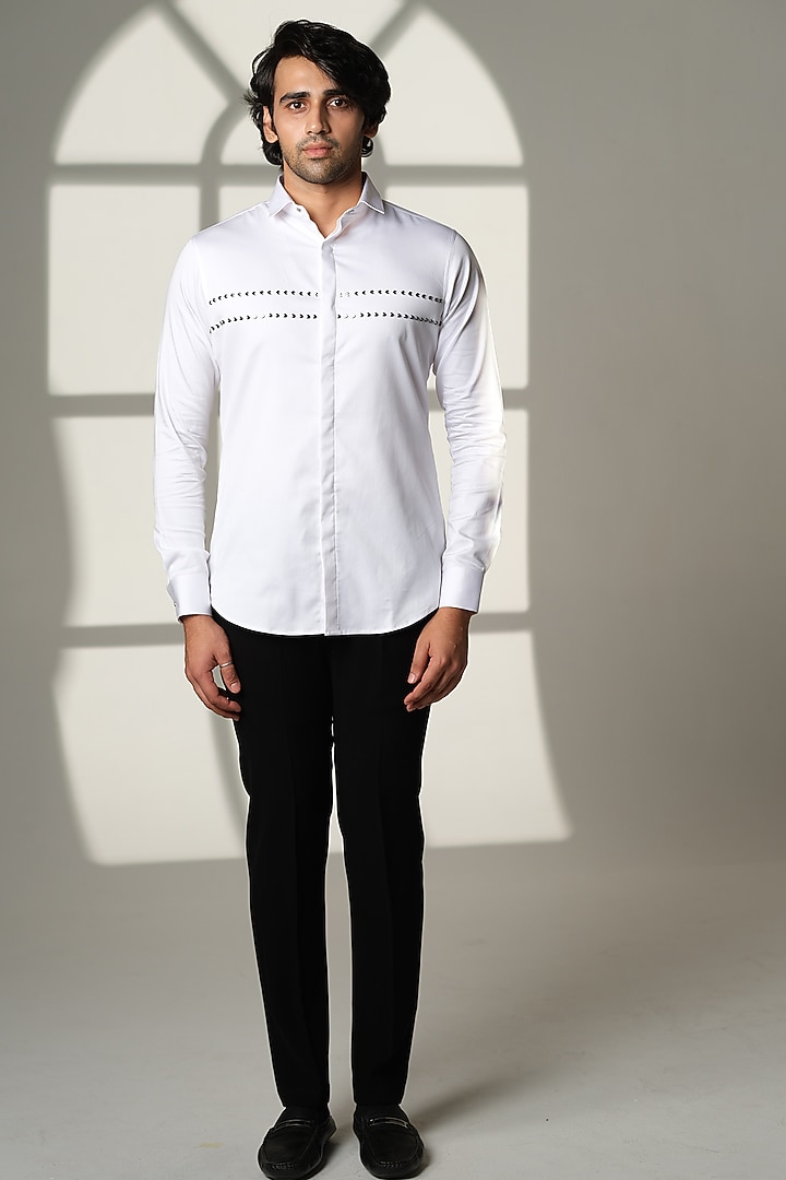 Black Stretchable Cotton Hand Embroidered Party Wear Shirt by SANJANA REDDY MEN at Pernia's Pop Up Shop