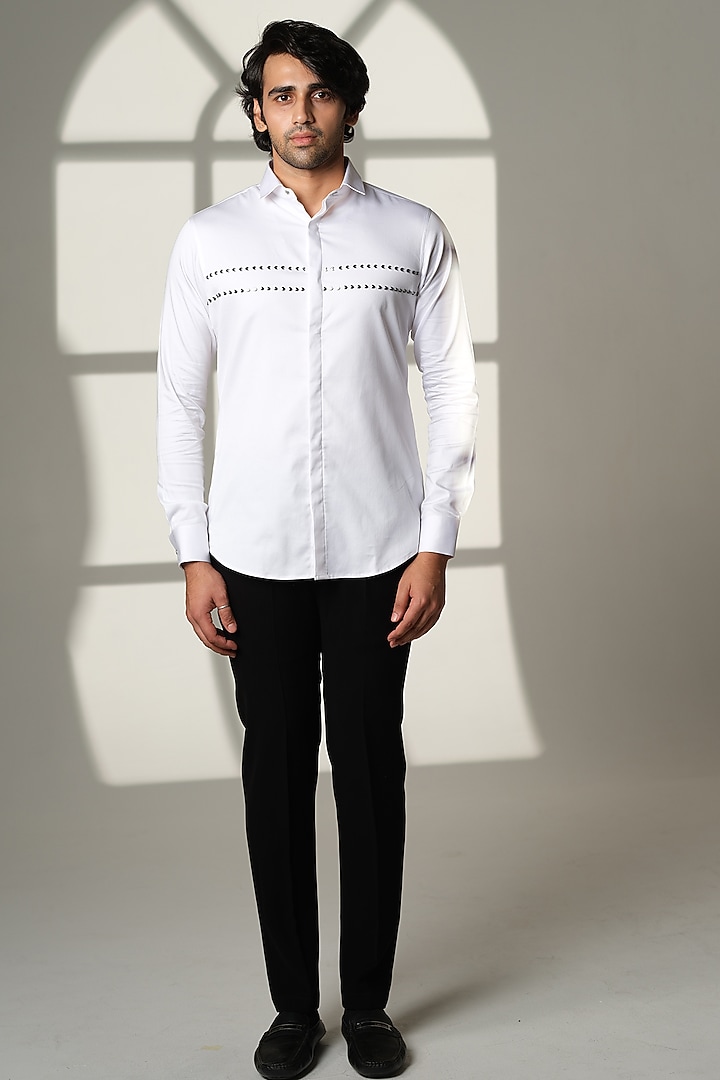 Black Stretchable Cotton Hand Embroidered Party Wear Shirt by SANJANA REDDY MEN at Pernia's Pop Up Shop