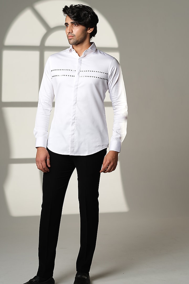 Black Stretchable Cotton Hand Embroidered Party Wear Shirt by SANJANA REDDY MEN at Pernia's Pop Up Shop