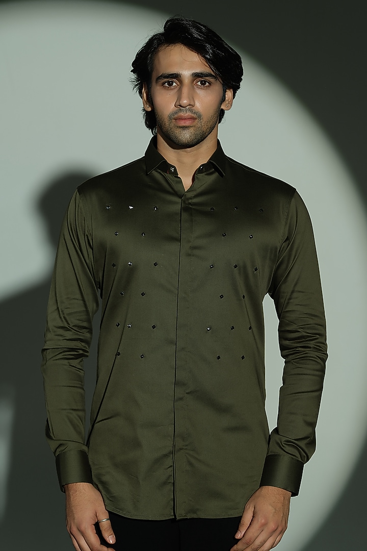 Navy Blue Stretchable Cotton Hand Embroidered Party Wear Shirt by SANJANA REDDY MEN at Pernia's Pop Up Shop