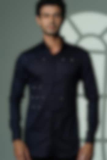Navy Blue Stretchable Cotton Hand Embroidered Party Wear Shirt by SANJANA REDDY MEN at Pernia's Pop Up Shop