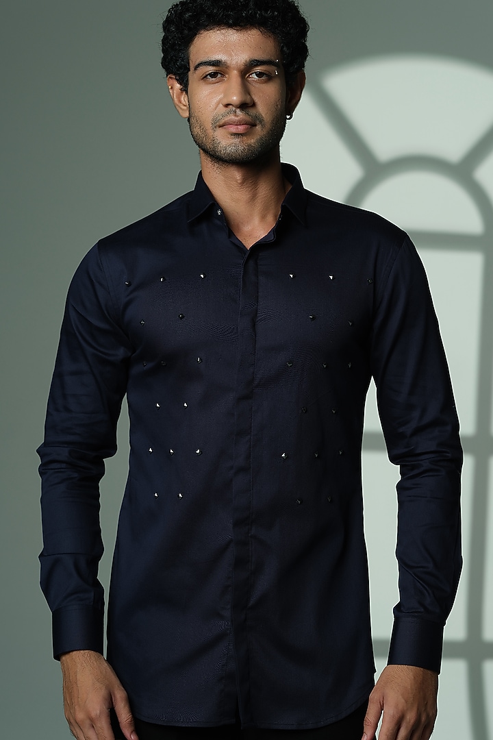 Navy Blue Stretchable Cotton Hand Embroidered Party Wear Shirt by SANJANA REDDY MEN at Pernia's Pop Up Shop