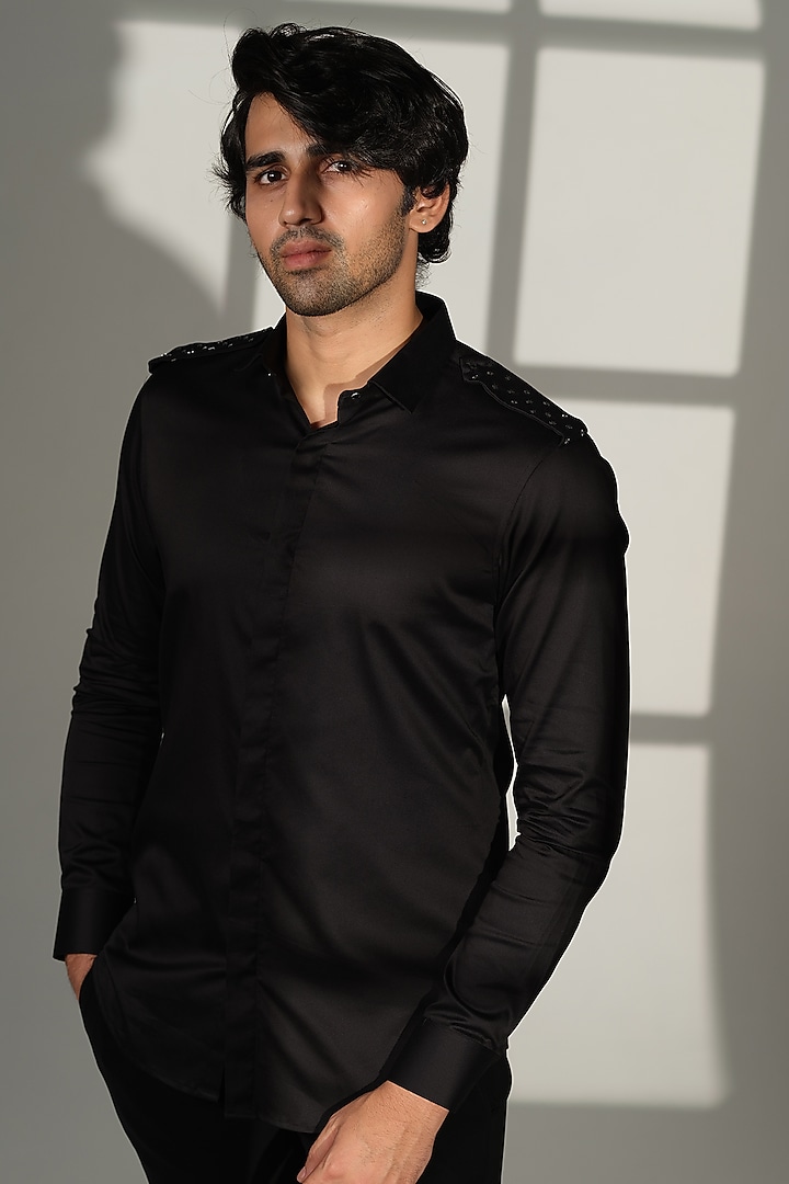Black Stretchable Cotton Hand Embroidered Party Wear Shirt by SANJANA REDDY MEN at Pernia's Pop Up Shop