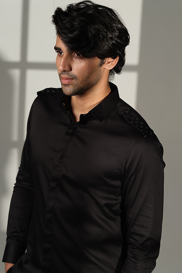 Black Stretchable Cotton Hand Embroidered Party Wear Shirt by SANJANA REDDY MEN at Pernia's Pop Up Shop