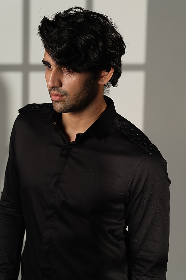 Black Stretchable Cotton Hand Embroidered Party Wear Shirt by SANJANA REDDY MEN at Pernia's Pop Up Shop