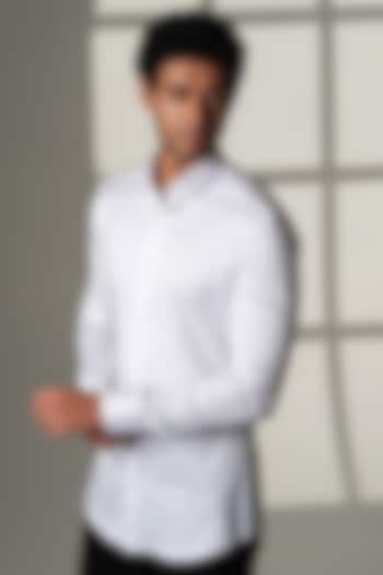 White Stretchable Cotton Hand Embroidered Party Wear Shirt by SANJANA REDDY MEN at Pernia's Pop Up Shop