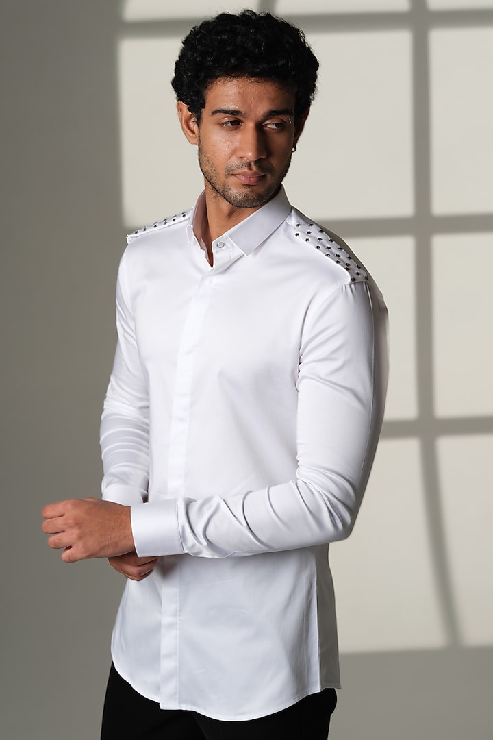White Stretchable Cotton Hand Embroidered Party Wear Shirt by SANJANA REDDY MEN at Pernia's Pop Up Shop