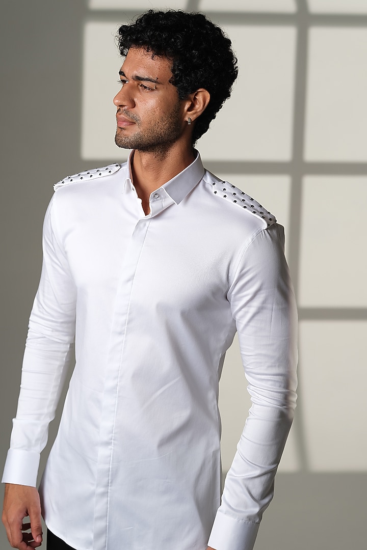 White Stretchable Cotton Hand Embroidered Party Wear Shirt by SANJANA REDDY MEN at Pernia's Pop Up Shop