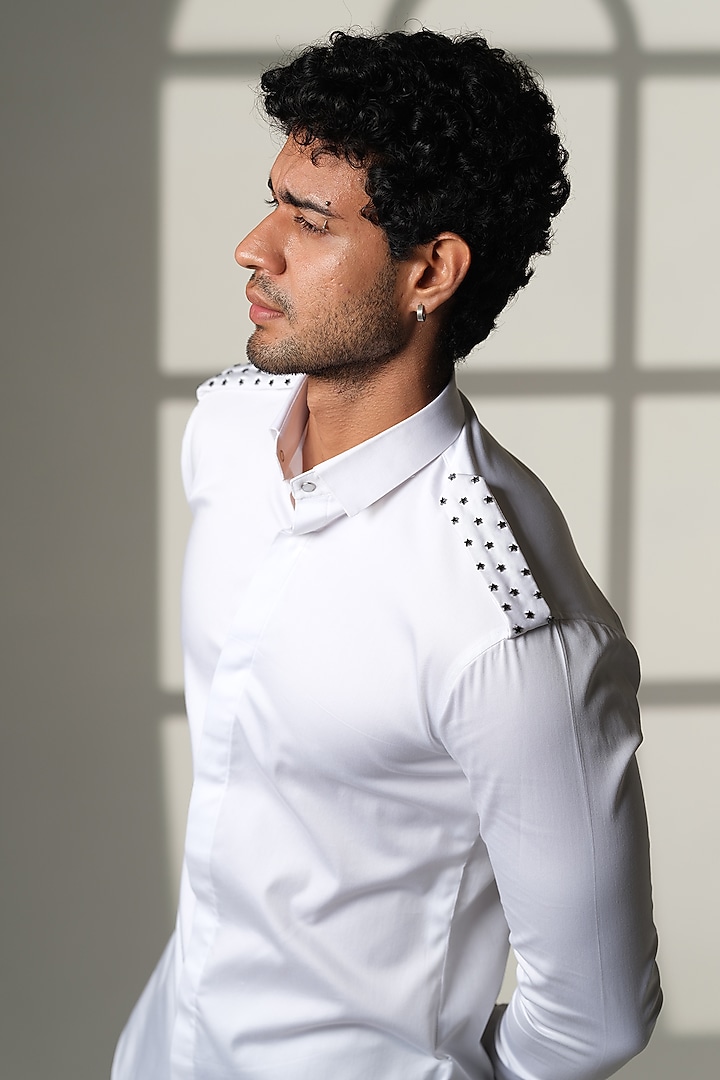 White Stretchable Cotton Hand Embroidered Party Wear Shirt by SANJANA REDDY MEN at Pernia's Pop Up Shop