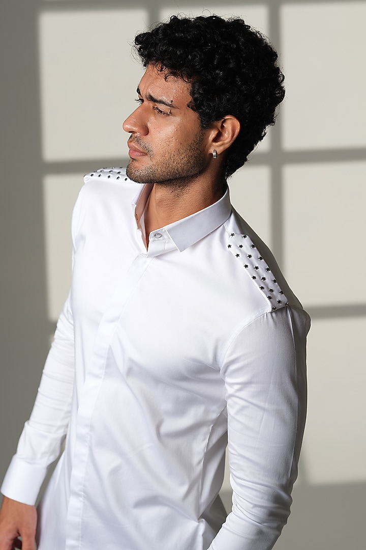 White Stretchable Cotton Hand Embroidered Party Wear Shirt by SANJANA REDDY MEN at Pernia's Pop Up Shop
