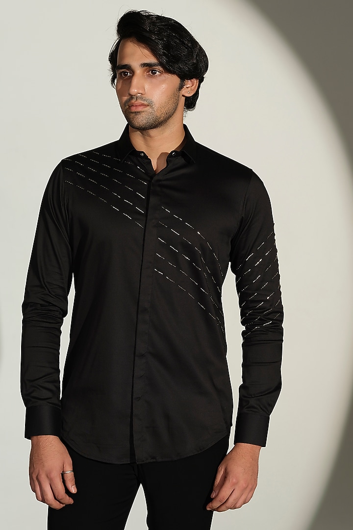 Black Stretchable Cotton Hand Embroidered Party Wear Shirt by SANJANA REDDY MEN at Pernia's Pop Up Shop